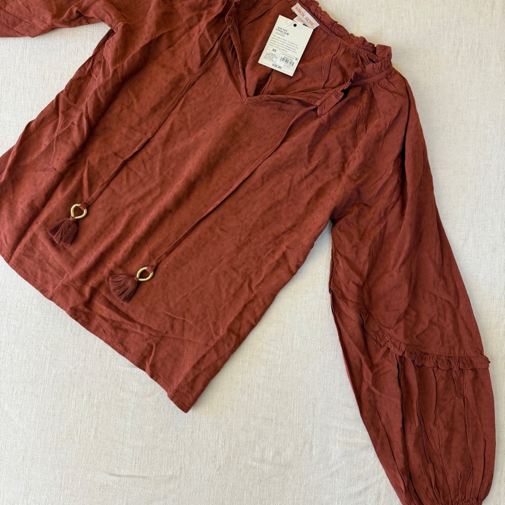 Knox Rose Rust Brown Clip Dot Peasant Blouse Tassel Tie Balloon Sleeve NWT XS - Picture 9 of 13